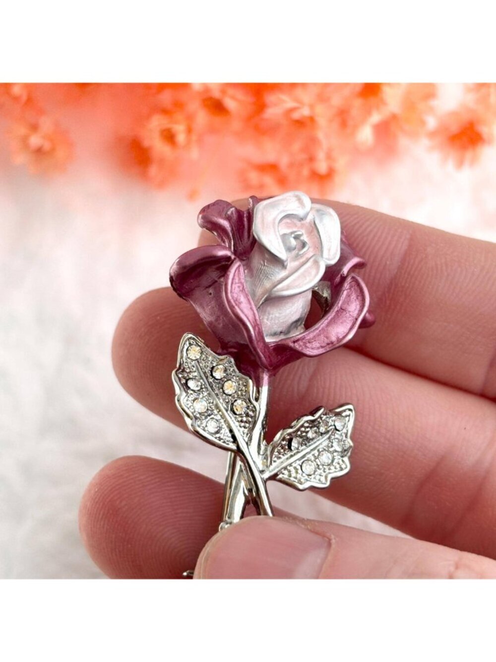 Purple & Pink Rosebud Floral Rhinestoned Silver T Vintage Costume Jewelry Brooch - Picture 6 of 11
